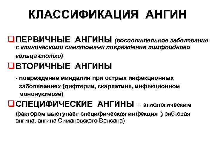 КЛАССИФИКАЦИЯ АНГИН q ПЕРВИЧНЫЕ АНГИНЫ (восполительное заболевание с клиническими симптомами повреждения лимфоидного кольца глотки)