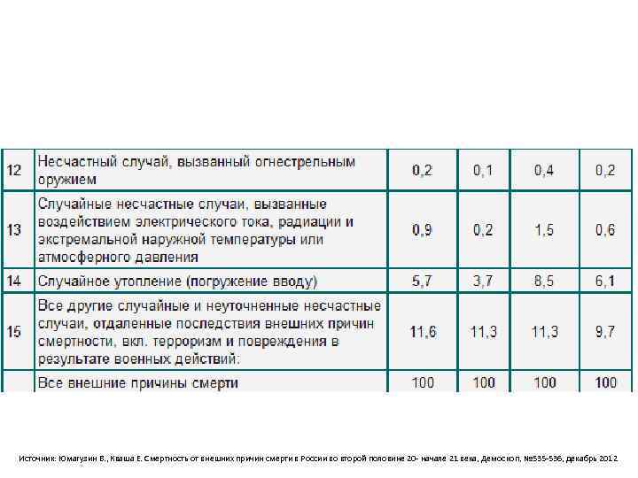 Источник: Юмагузин В. , Кваша Е. Смертность от внешних причин смерти в России во