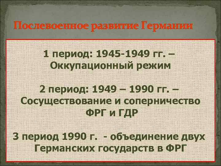 Послевоенное развитие Германии 1 период: 1945 -1949 гг. – Оккупационный режим 2 период: 1949