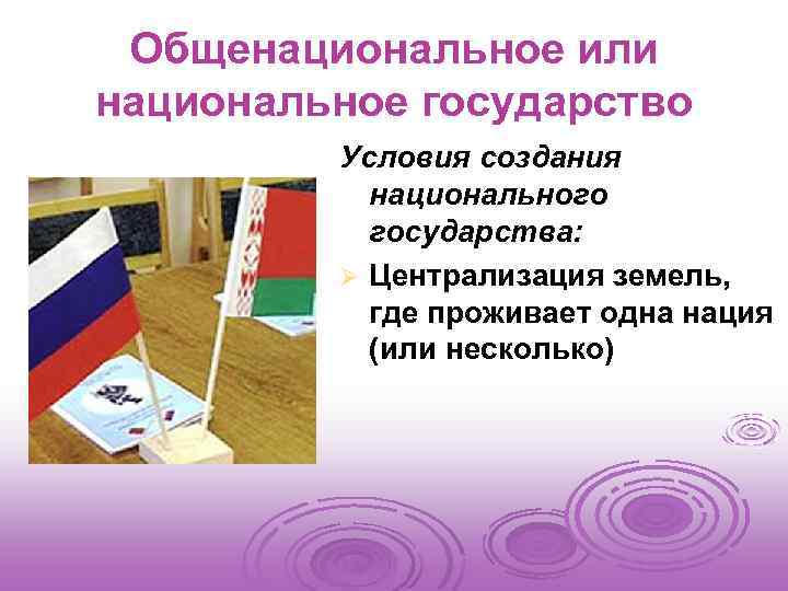 Общенациональное или национальное государство Условия создания национального государства: Ø Централизация земель, где проживает одна