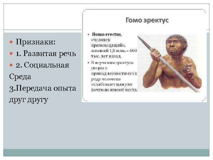  Признаки: 1. Развитая речь 2. Социальная Среда 3. Передача опыта другу 