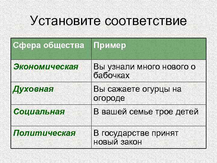 Установите соответствие Сфера общества Пример Экономическая Вы узнали много нового о бабочках Духовная Вы