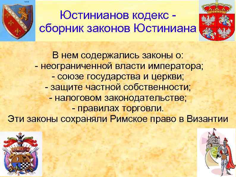 Юстинианов кодекс сборник законов Юстиниана В нем содержались законы о: - неограниченной власти императора;