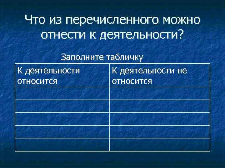 Что из перечисленного можно отнести к деятельности? Заполните табличку К деятельности не относится 