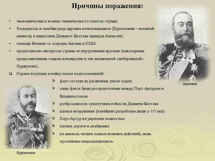 Причины поражения: экономическая и военно-техническая отсталость страны бездарность и ошибки ряда царских военачальников (Куропаткин