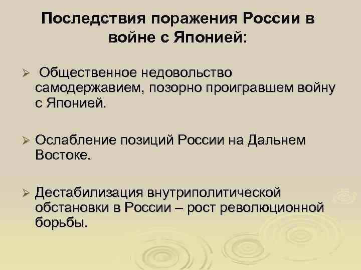 Последствия поражения России в войне с Японией: Общественное недовольство самодержавием, позорно проигравшем войну с