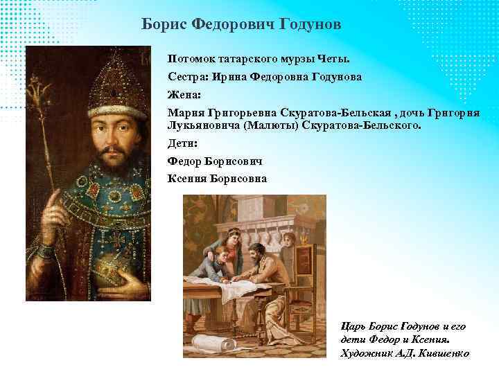 Борис Федорович Годунов Потомок татарского мурзы Четы. Сестра: Ирина Федоровна Годунова Жена: Мария Григорьевна