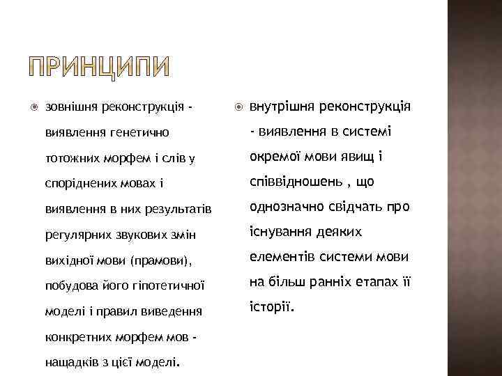  зовнішня реконструкція - внутрішня реконструкція виявлення генетично - виявлення в системі тотожних морфем