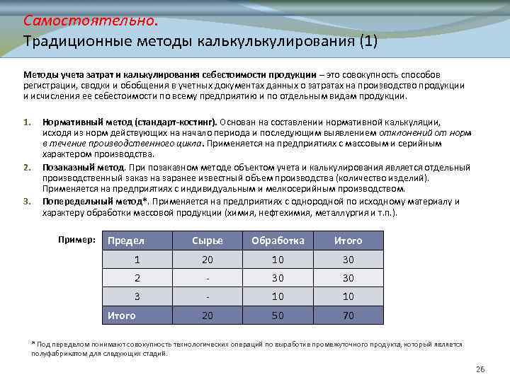 Самостоятельно. Традиционные методы калькулирования (1) Методы учета затрат и калькулирования себестоимости продукции – это