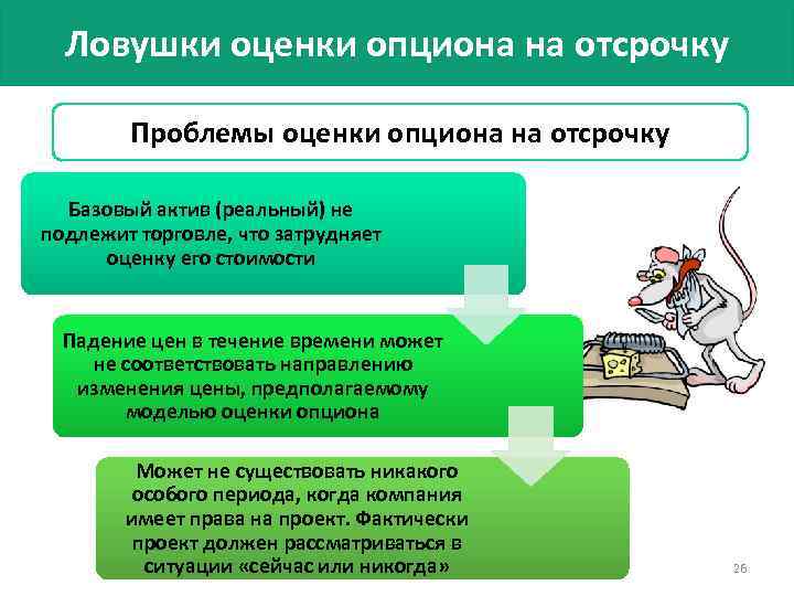 Ловушки оценки опциона на отсрочку Проблемы оценки опциона на отсрочку Базовый актив (реальный) не