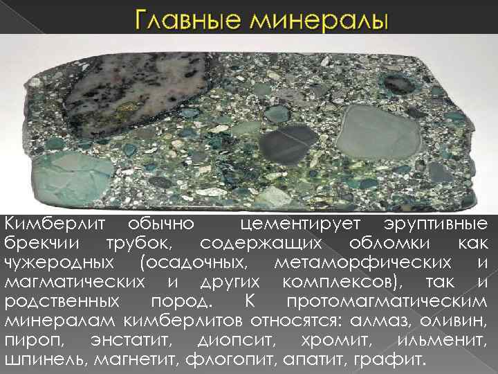 Главные минералы Кимберлит обычно цементирует эруптивные брекчии трубок, содержащих обломки как чужеродных (осадочных, метаморфических