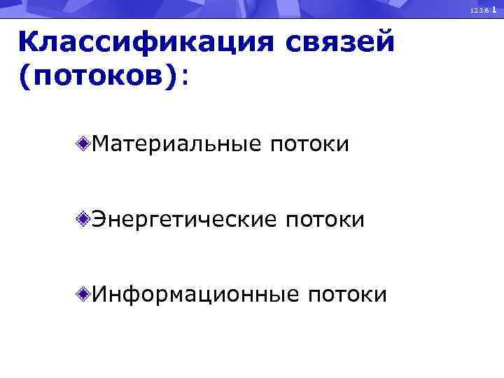 12. 3. 6. 1 Классификация связей (потоков): Материальные потоки Энергетические потоки Информационные потоки 