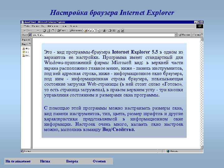 Настройка браузера Internet Explorer Это - вид программы-браузера Internet Explorer 5. 5 в одном