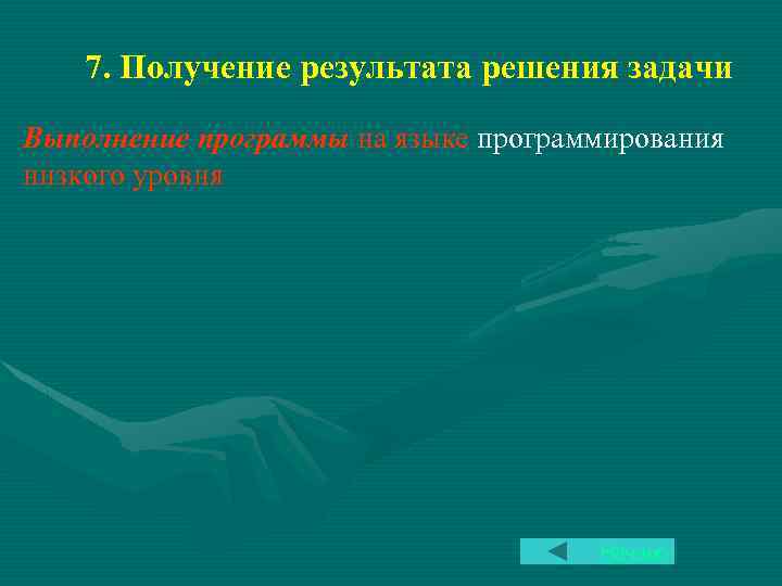 7. Получение результата решения задачи Выполнение программы на языке программирования низкого уровня Начало 