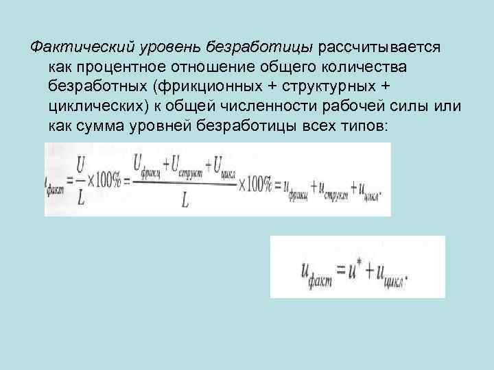 Фактический уровень безработицы рассчитывается как процентное отношение общего количества безработных (фрикционных + структурных +