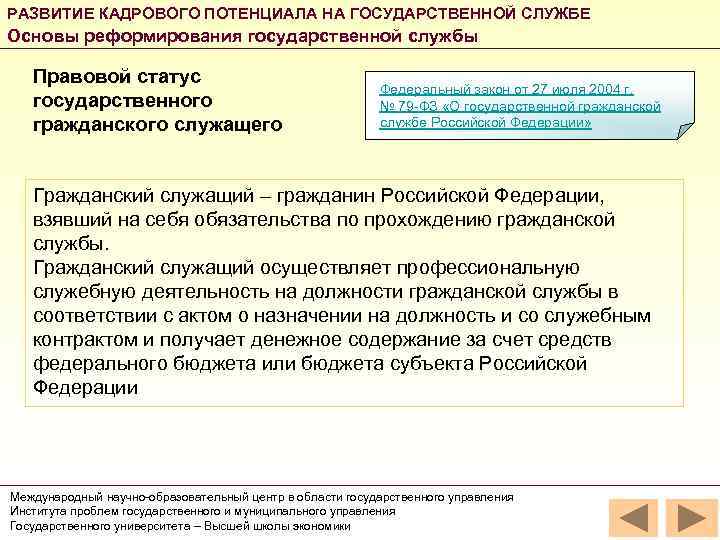 РАЗВИТИЕ КАДРОВОГО ПОТЕНЦИАЛА НА ГОСУДАРСТВЕННОЙ СЛУЖБЕ Основы реформирования государственной службы Правовой статус государственного гражданского