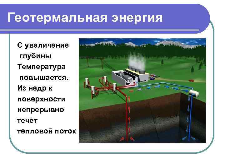 Геотермальная энергия С увеличение глубины Температура повышается. Из недр к поверхности непрерывно течет тепловой