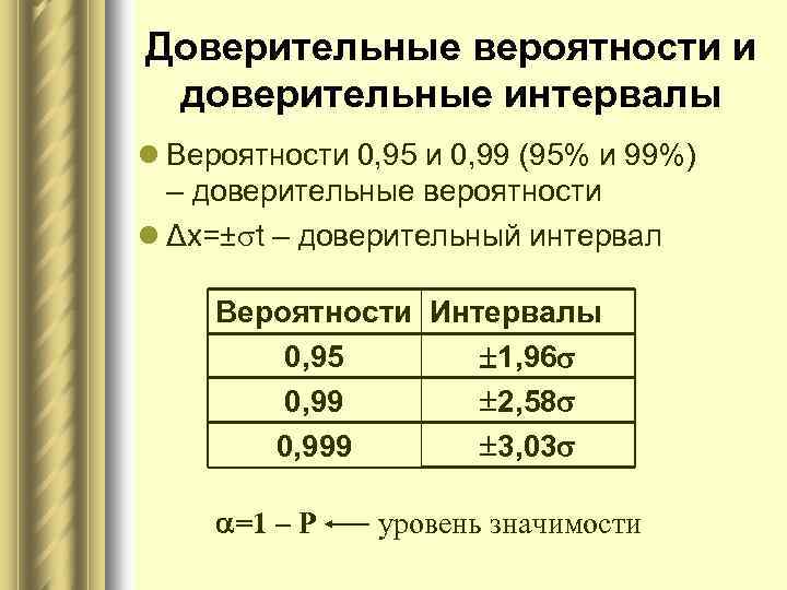 Доверительные вероятности и доверительные интервалы l Вероятности 0, 95 и 0, 99 (95% и