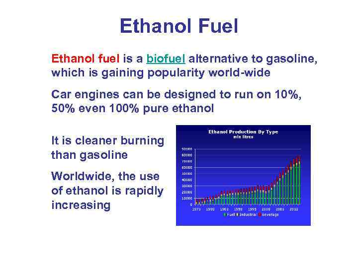 Ethanol Fuel Ethanol fuel is a biofuel alternative to gasoline, which is gaining popularity