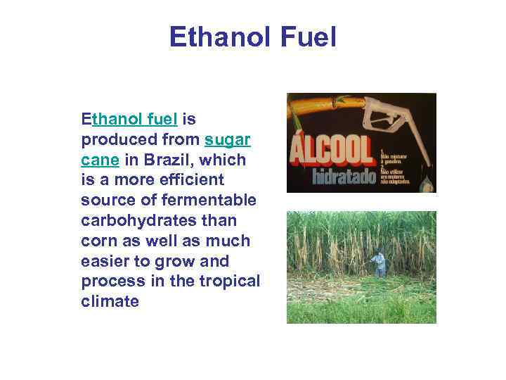 Ethanol Fuel Ethanol fuel is produced from sugar cane in Brazil, which is a