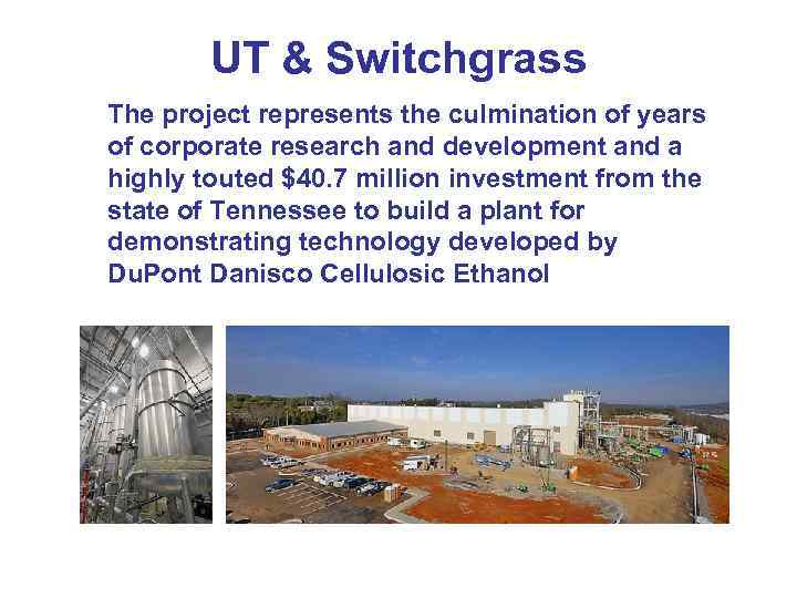 UT & Switchgrass The project represents the culmination of years of corporate research and