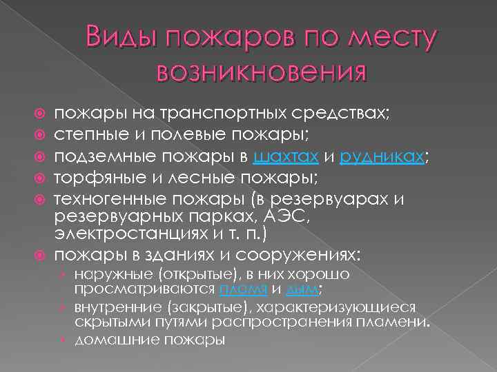 Виды пожаров по месту возникновения пожары на транспортных средствах; степные и полевые пожары; подземные