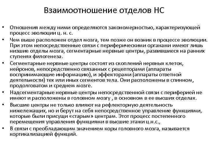 Взаимоотношение отделов НС • Отношения между ними определяются закономерностью, характеризующей процесс эволюции ц. н.