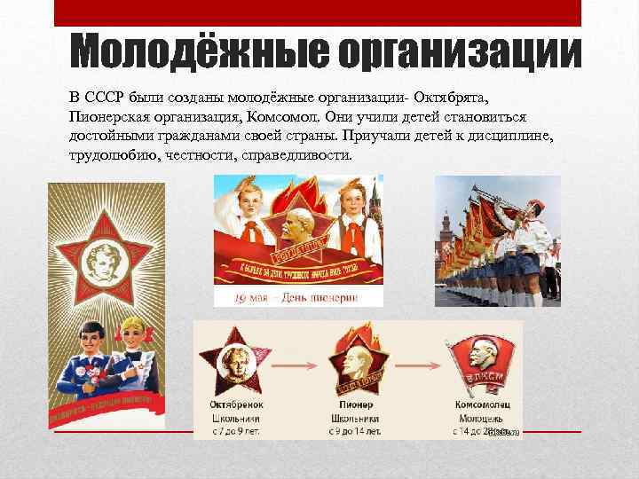 Молодёжные организации В СССР были созданы молодёжные организации- Октябрята, Пионерская организация, Комсомол. Они учили
