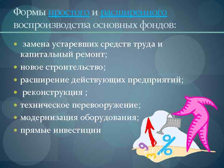 Формы простого и расширенного воспроизводства основных фондов: замена устаревших средств труда и капитальный ремонт;