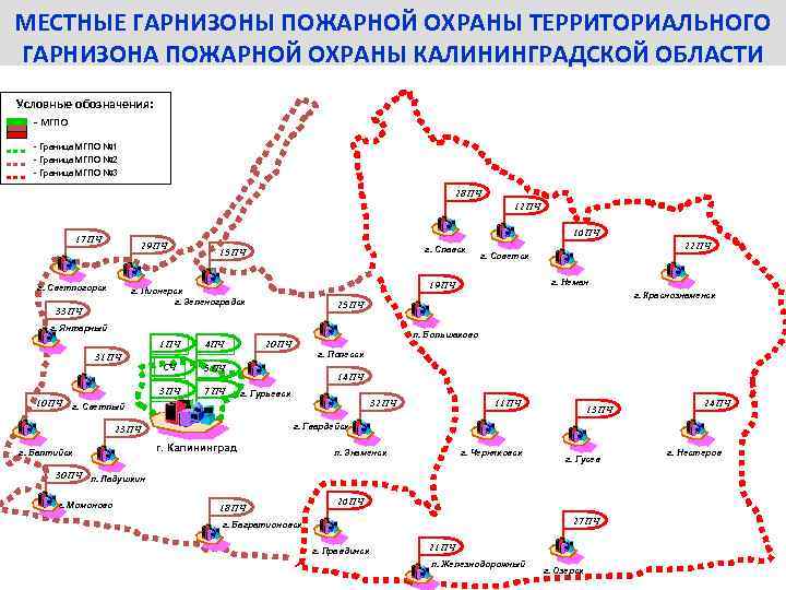 МЕСТНЫЕ ГАРНИЗОНЫ ПОЖАРНОЙ ОХРАНЫ ТЕРРИТОРИАЛЬНОГО ГАРНИЗОНА ПОЖАРНОЙ ОХРАНЫ КАЛИНИНГРАДСКОЙ ОБЛАСТИ Условные обозначения: - МГПО