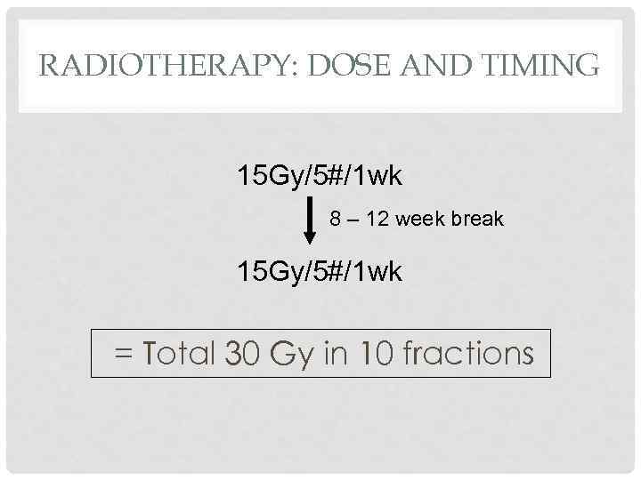 RADIOTHERAPY: DOSE AND TIMING 15 Gy/5#/1 wk 8 – 12 week break 15 Gy/5#/1