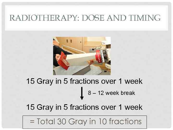 RADIOTHERAPY: DOSE AND TIMING 15 Gray in 5 fractions over 1 week 8 –