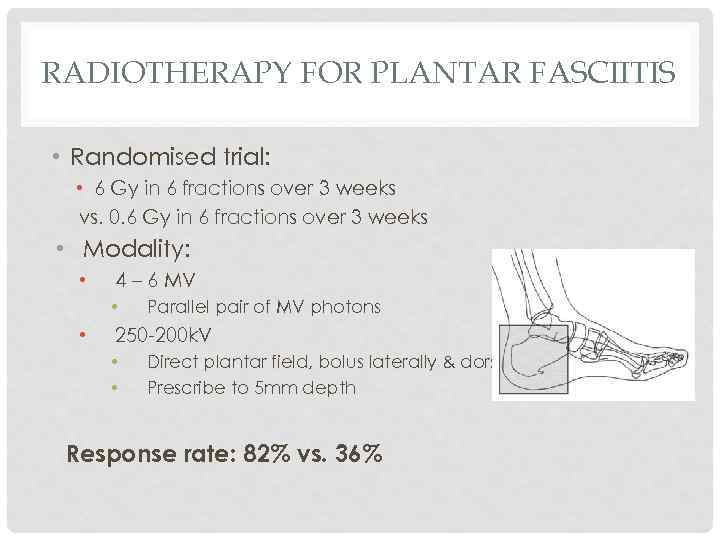 RADIOTHERAPY FOR PLANTAR FASCIITIS • Randomised trial: • 6 Gy in 6 fractions over