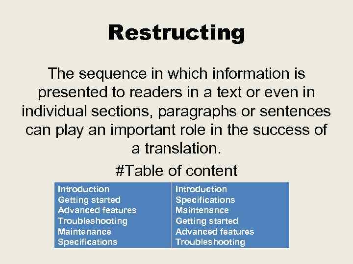 Restructing The sequence in which information is presented to readers in a text or