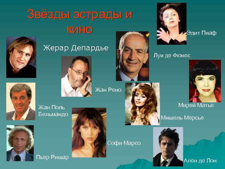 Звёзды эстрады и кино u Жерар Депардье Эдит Пиаф Луи де Фюнес Жан Рено