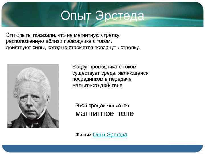 Опыт Эрстеда Эти опыты показали, что на магнитную стрелку, расположенную вблизи проводника с током,