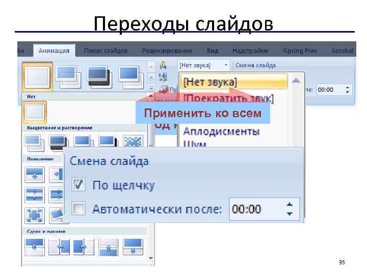 Переходы слайдов Применить ко всем Переход к этому слайду 35 
