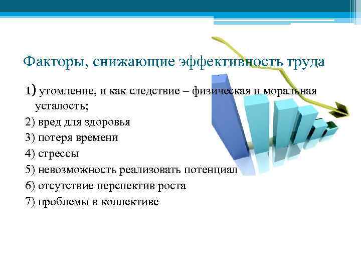 Факторы, снижающие эффективность труда 1) утомление, и как следствие – физическая и моральная усталость;