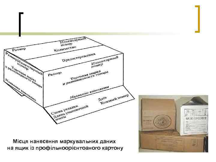 Місця нанесення маркувальних даних на ящик із профільноорієнтоаного картону 