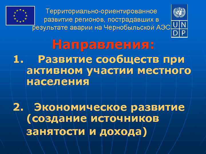 Территориально-ориентированное развитие регионов, пострадавших в результате аварии на Чернобыльской АЭС Направления: 1. Развитие сообществ