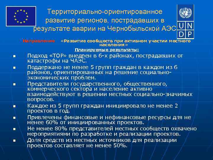 Территориально-ориентированное развитие регионов, пострадавших в результате аварии на Чернобыльской АЭС Направление «Развитие сообществ при