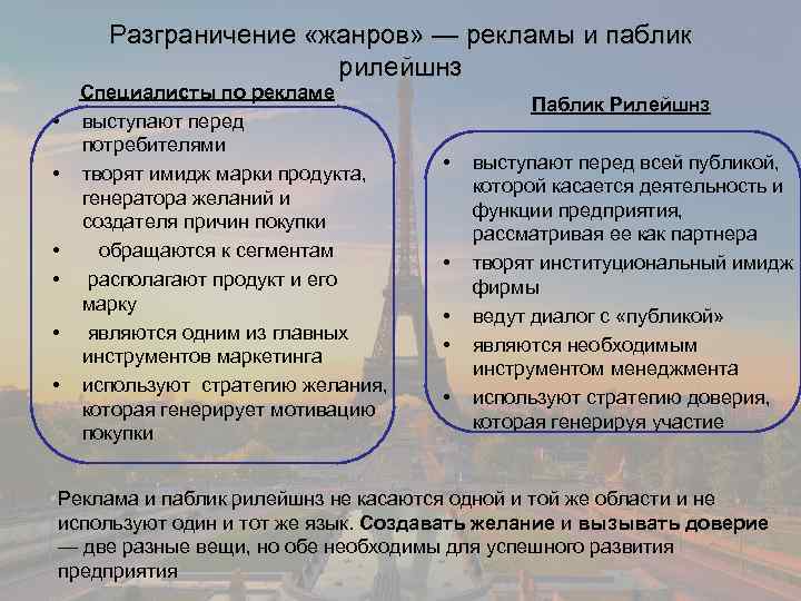 Разграничение «жанров» — рекламы и паблик рилейшнз Специалисты по рекламе • выступают перед потребителями