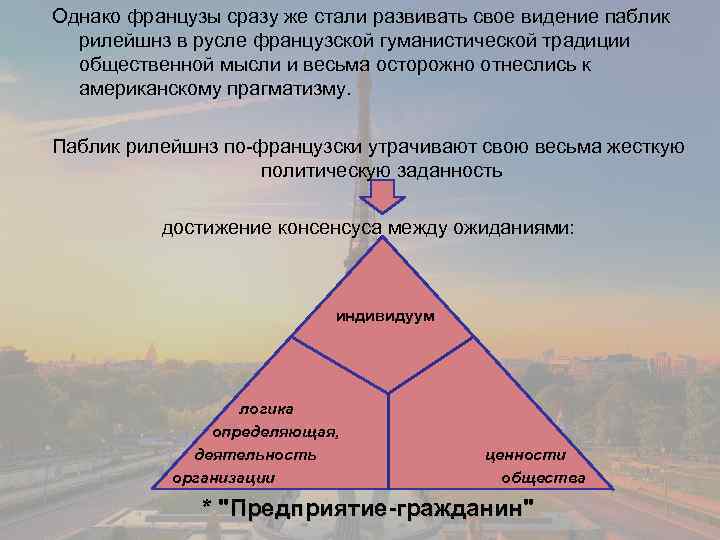 Однако французы сразу же стали развивать свое видение паблик рилейшнз в русле французской гуманистической