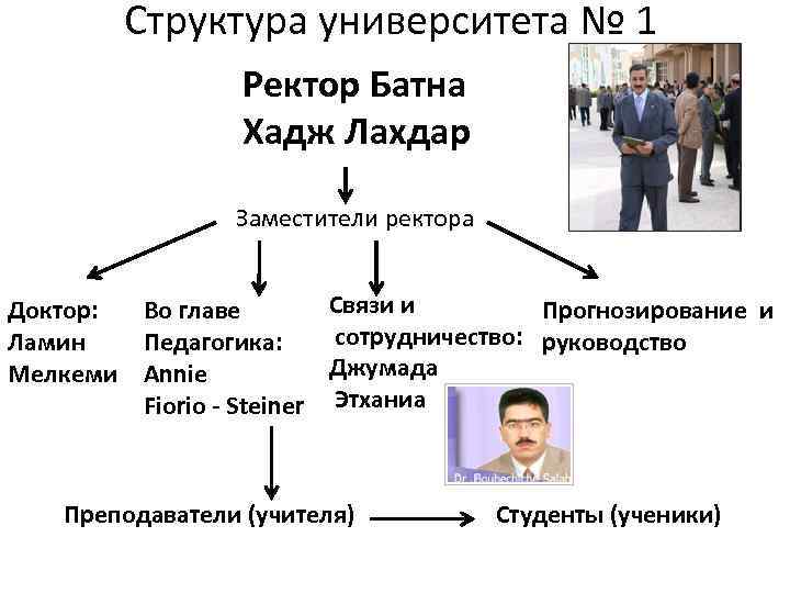 Структура университета № 1 Ректор Батна Хадж Лахдар Заместители ректора Доктор: Во главе Ламин