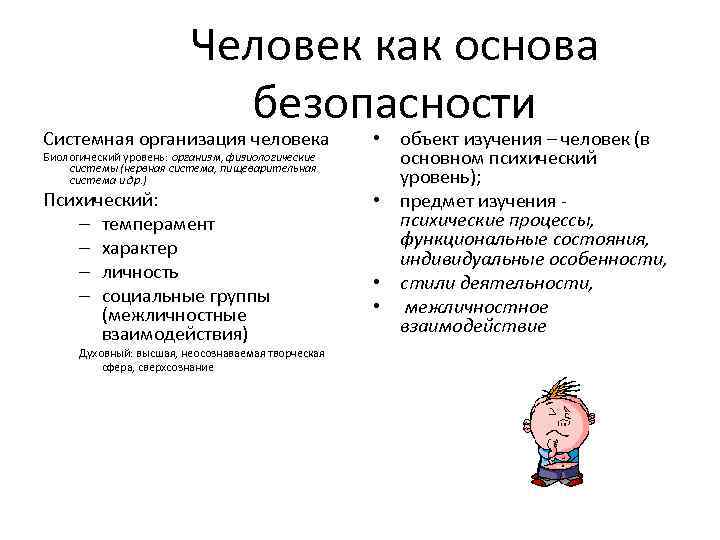 Человек как основа безопасности Системная организация человека Биологический уровень: организм, физиологические системы (нервная система,