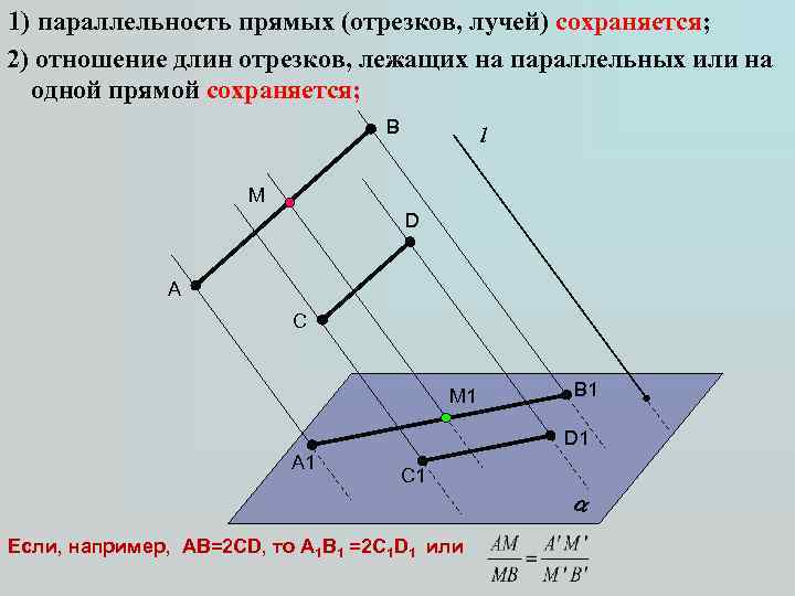 1) параллельность прямых (отрезков, лучей) сохраняется; 2) отношение длин отрезков, лежащих на параллельных или