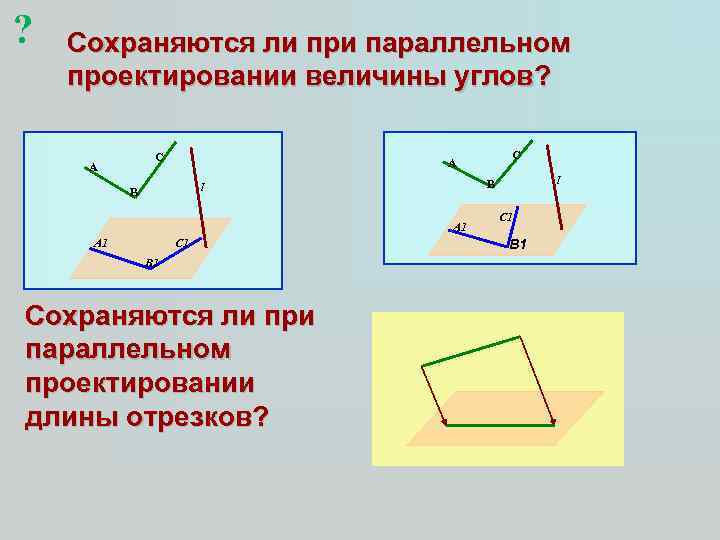 ? Сохраняются ли при параллельном проектировании величины углов? C A A 1 C 1
