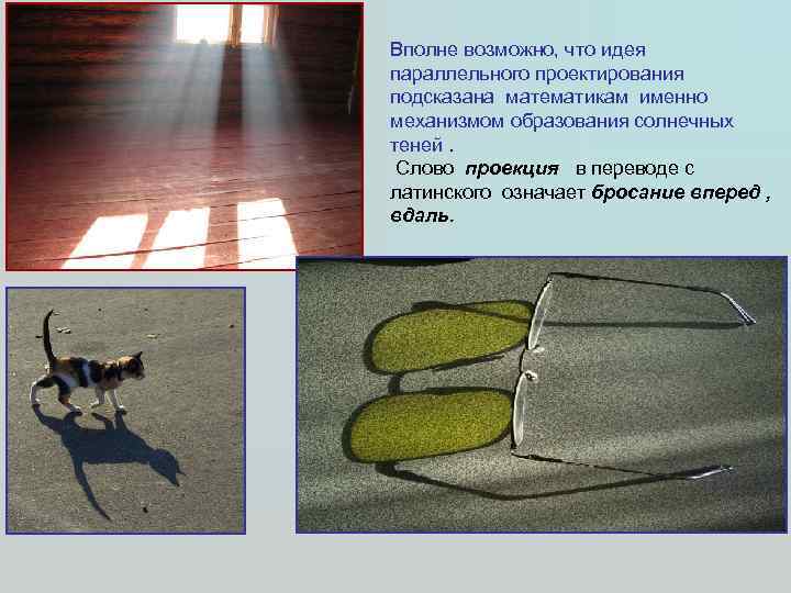 Вполне возможно, что идея параллельного проектирования подсказана математикам именно механизмом образования солнечных теней. Слово