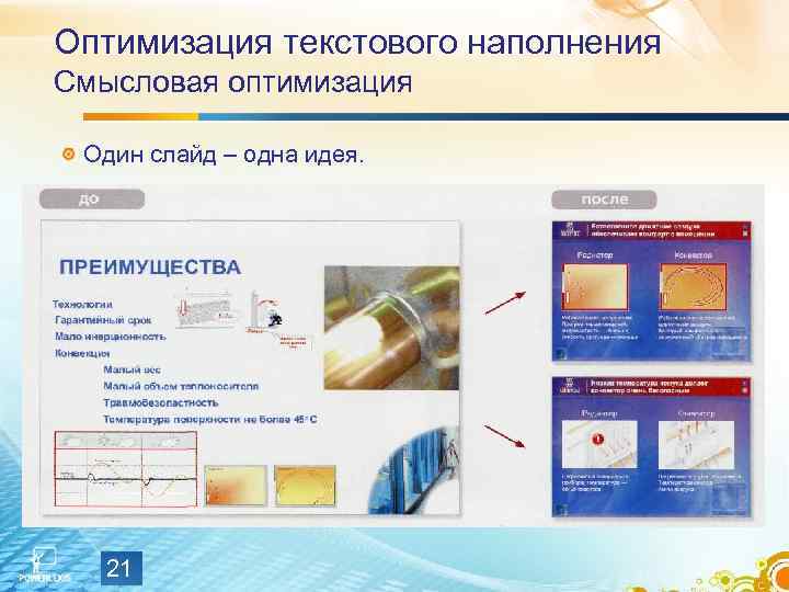 Оптимизация текстового наполнения Смысловая оптимизация Один слайд – одна идея. 21 