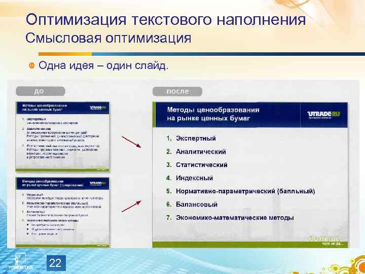 Оптимизация 1. Что надо учитывать при создании презентации. Смысловая наполняемость. Создание слайдов наполнение текстом. Смысловая нагрузка одного слайда презентации.